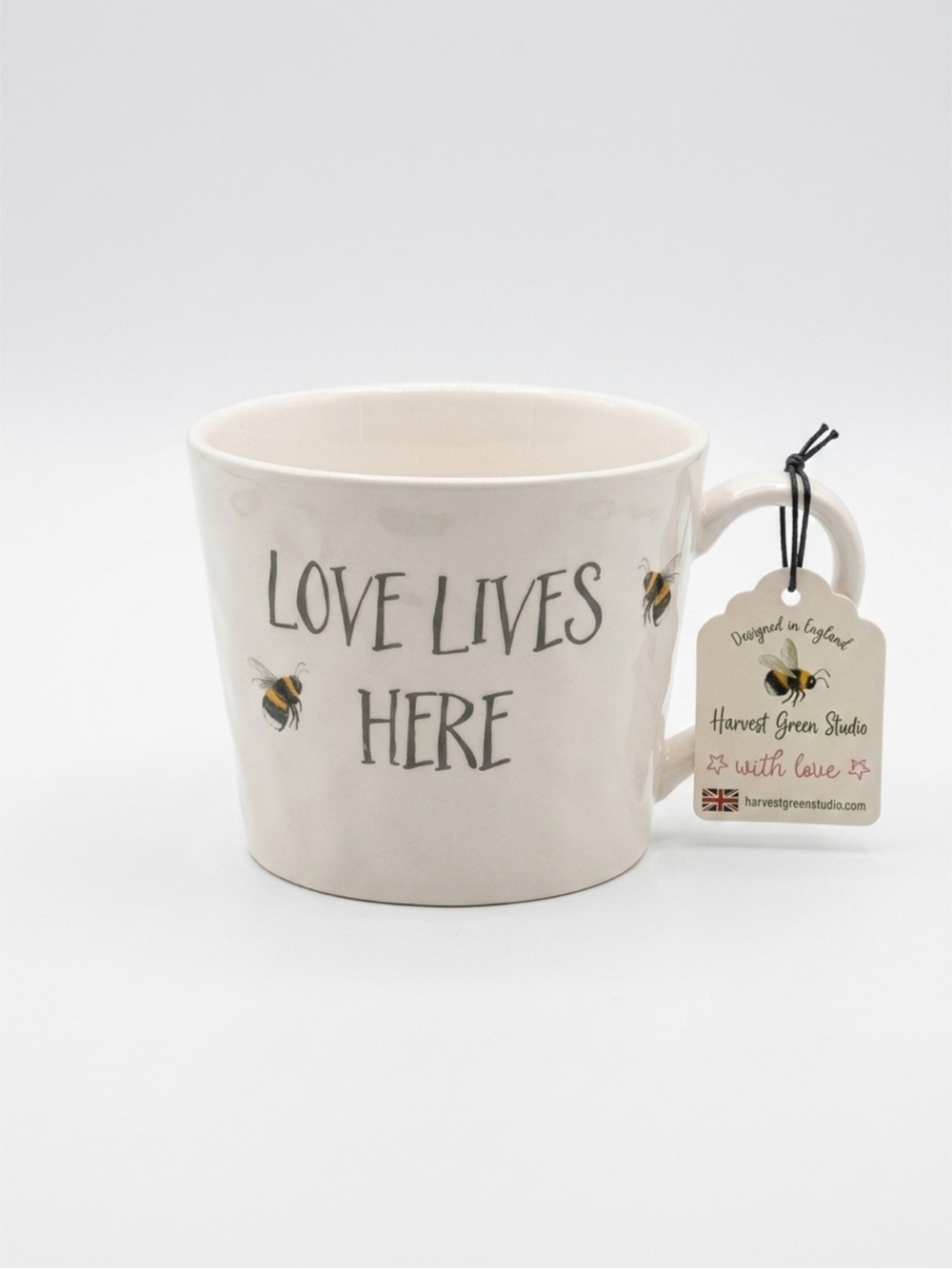 Harvest Green Studio Love Lives Here Bee Honeycomb Stoneware Mug Ivory